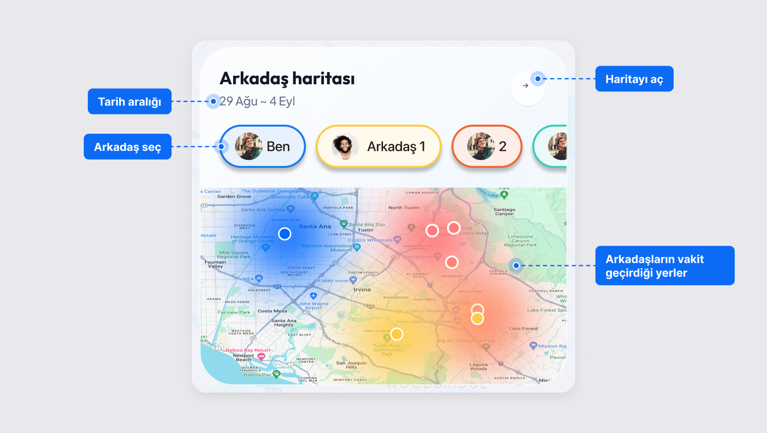 Tarih aralığını, arkadaş seçimini ve arkadaşların zaman geçirdiği renkli alanları gösteren Arkadaş haritası kartı