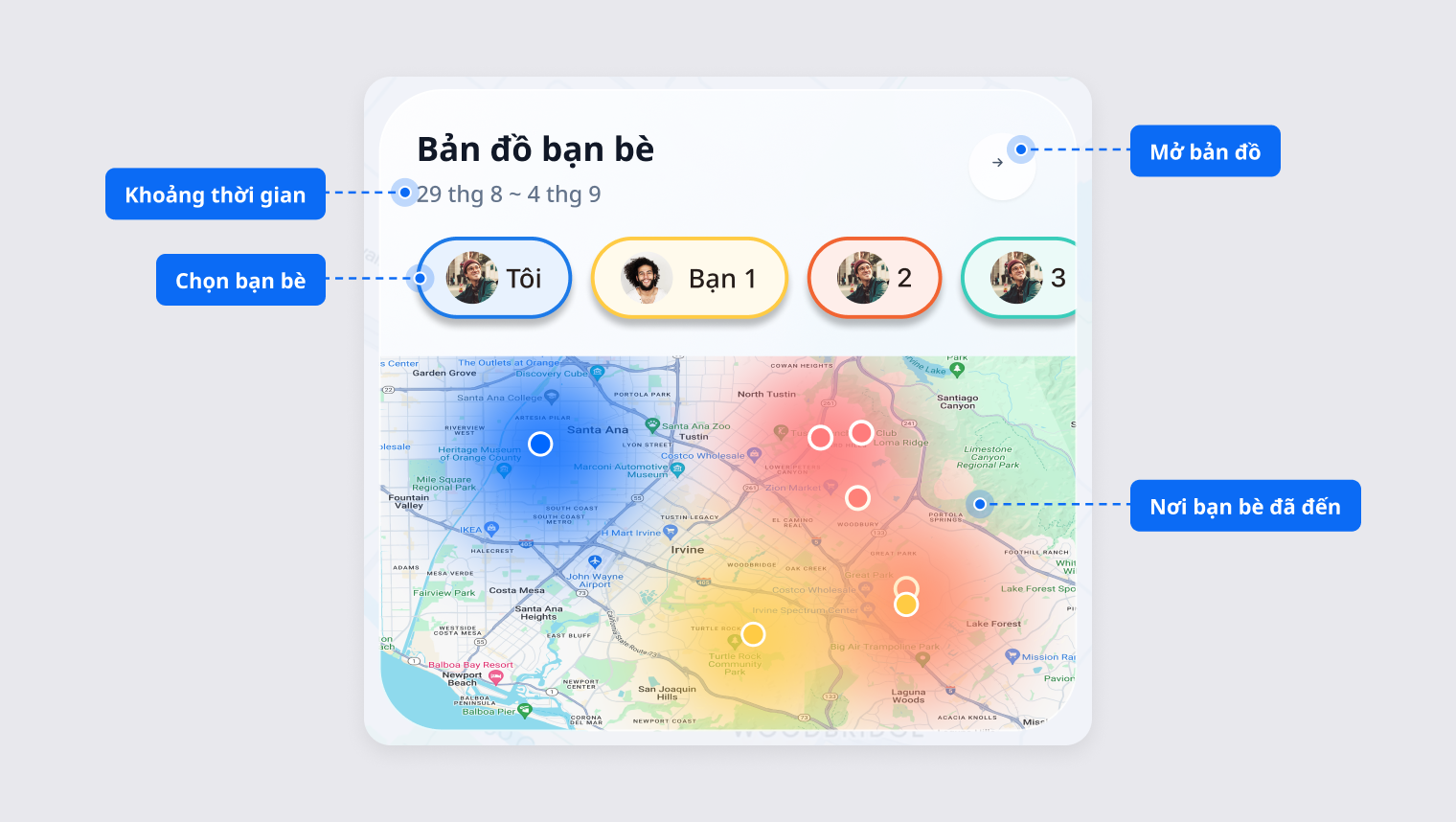 Thẻ Bản đồ bạn bè hiển thị khoảng thời gian, lựa chọn bạn bè và các vùng màu nơi bạn bè đã dành thời gian
