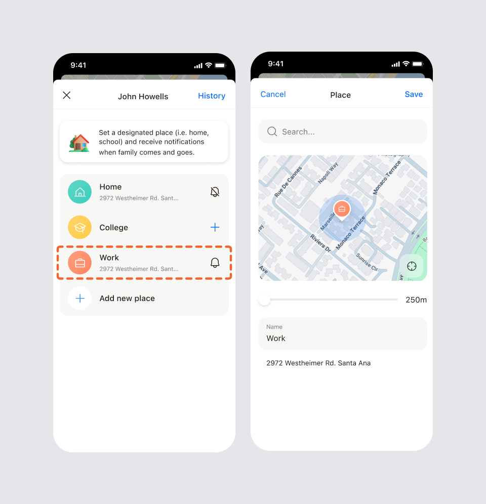 Two screens for editing a place: selecting the place from the list, then the place editing screen with the map, radius slider and address