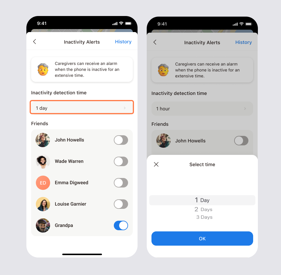 Inactivity Alerts screen showing the Inactivity detection time field and the Select time picker with 1 to 3 days options