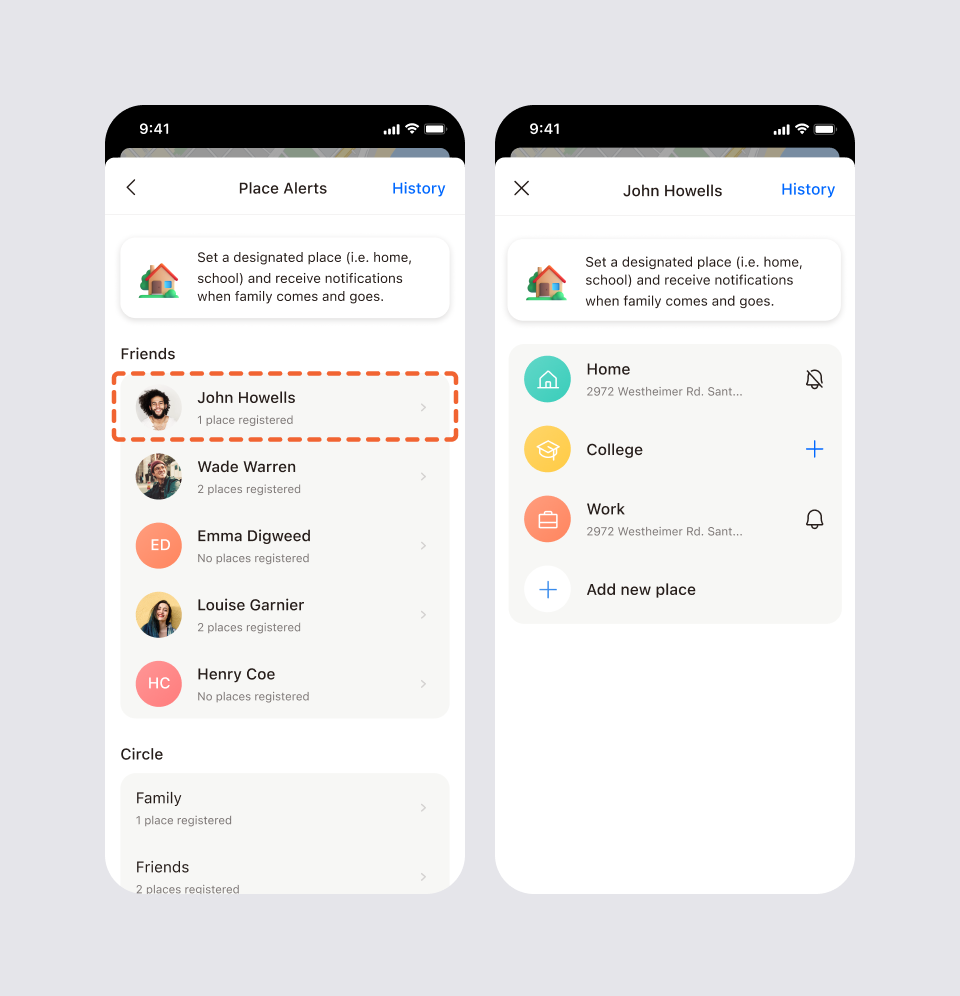 Two screens for adding a place: selecting a friend from the Place Alerts list, then their place list with Home, College and Work and the Add new place button