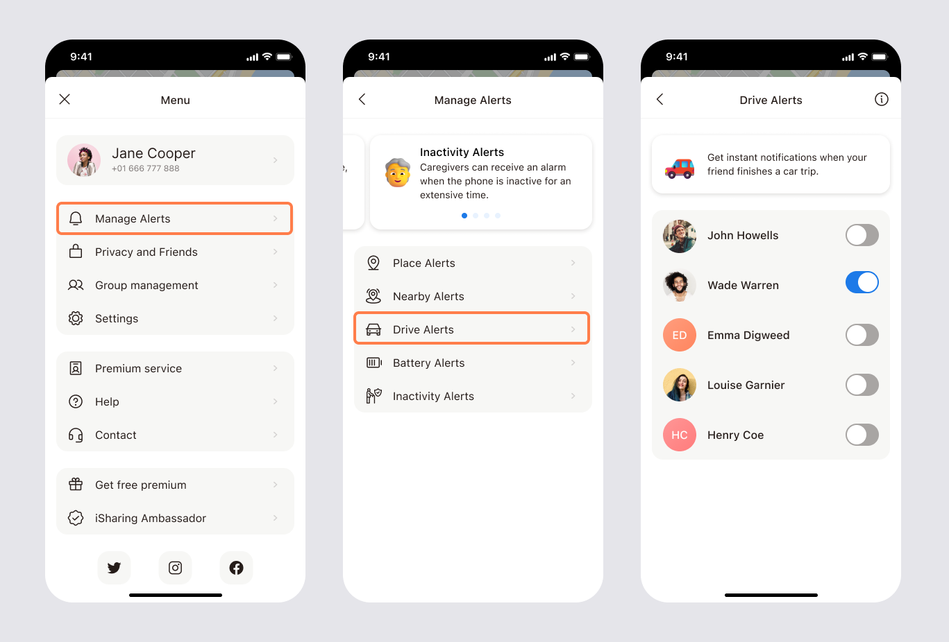 Three app screens showing how to open Menu, go to Manage Alerts, and turn Drive Alerts on or off for each friend
