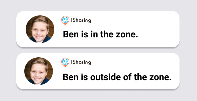 Example push notifications sent when a friend enters or leaves the zone