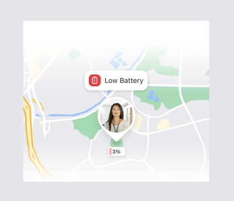 Map showing a friend's location with a Low Battery alert and a 3% battery level