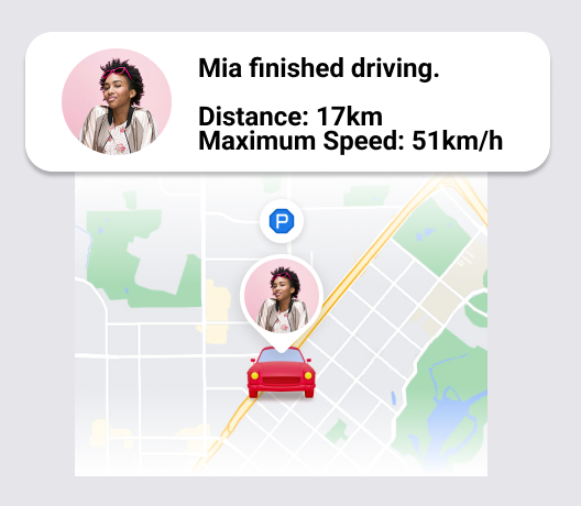 Illustration of a friend's completed drive on a map with the distance and maximum speed
