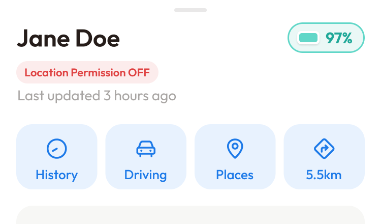 Friend detail screen with a status label under the name and the battery level on the right