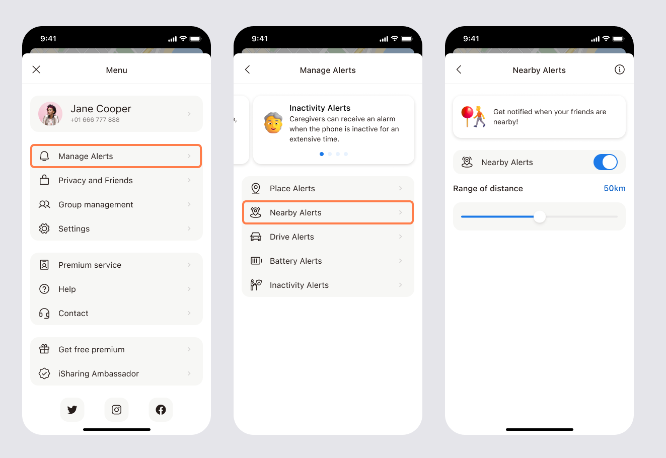 Menu > Manage Alerts > Nearby Alerts screens showing the toggle and the range of distance slider