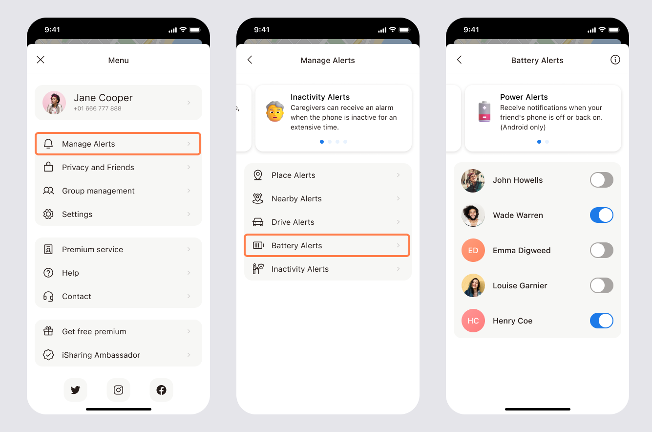 App screens showing how to go to Menu > Manage Alerts > Battery Alerts in the iSharing app and turn alerts on or off for each friend