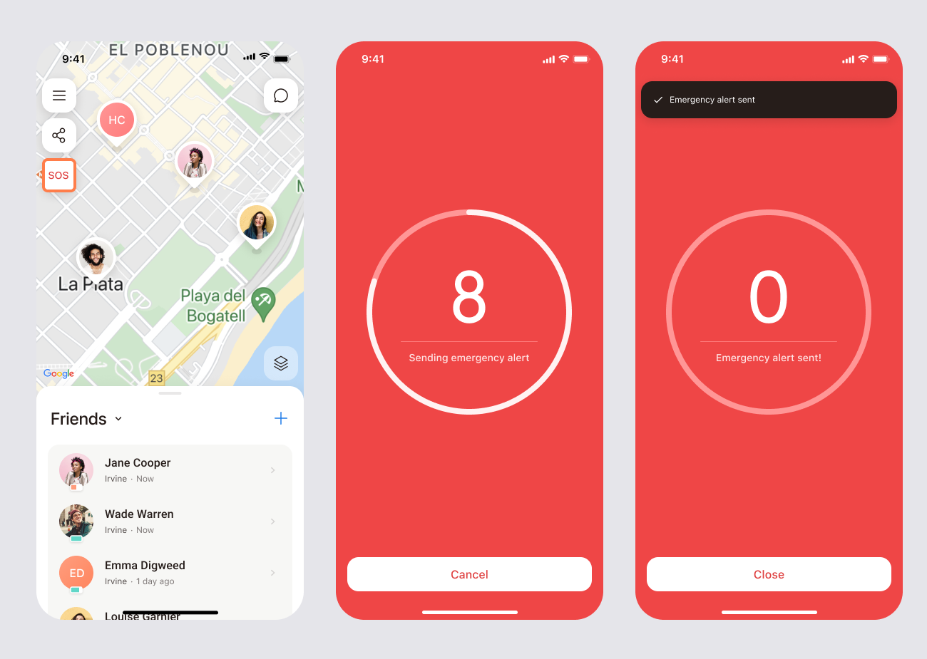Three app screens: the main screen with the SOS button at the top left, the 10-second countdown screen with a Cancel button, and the confirmation screen shown after the Panic Alert is sent