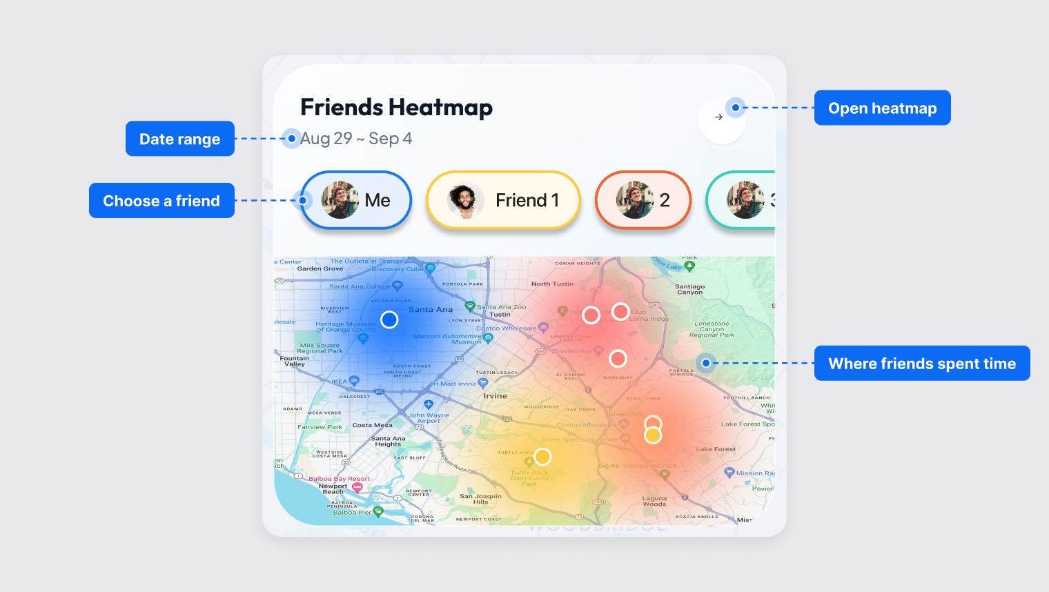 Friends Heatmap card showing the date range, friend selection, and colored areas where friends spent time