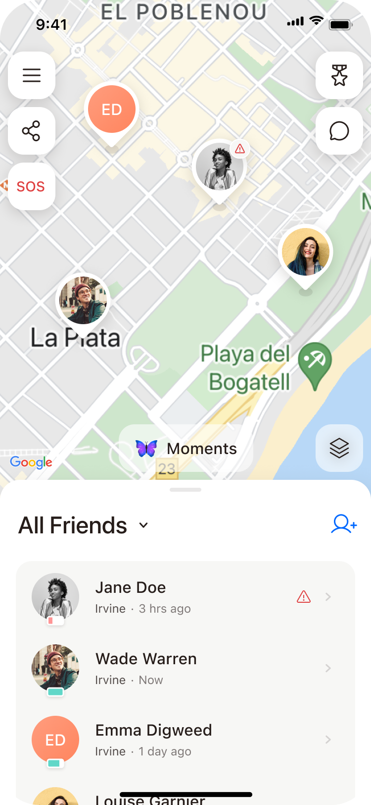 Friend list showing a red warning icon next to a friend's name