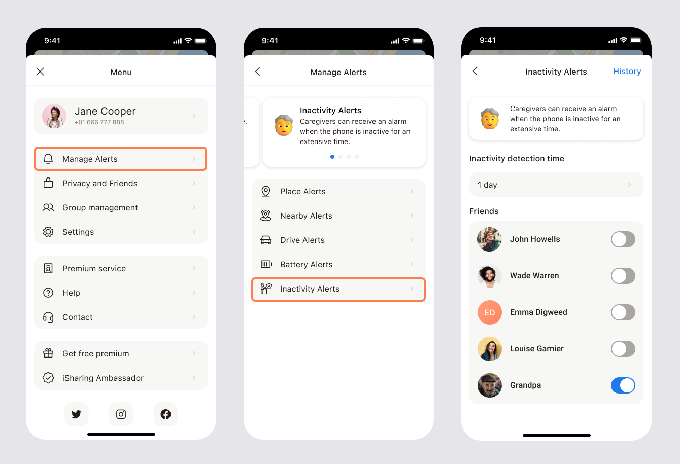 Three app screens showing the path Menu > Manage Alerts > Inactivity Alerts